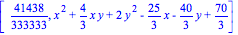 [41438/333333, x^2+4/3*x*y+2*y^2-25/3*x-40/3*y+70/3]